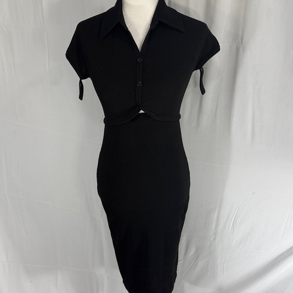 Helmut Lang Black Ribbed Knit Midi Dress Collared Short Sleeve Cutout Back Sz S - Picture 2 of 11